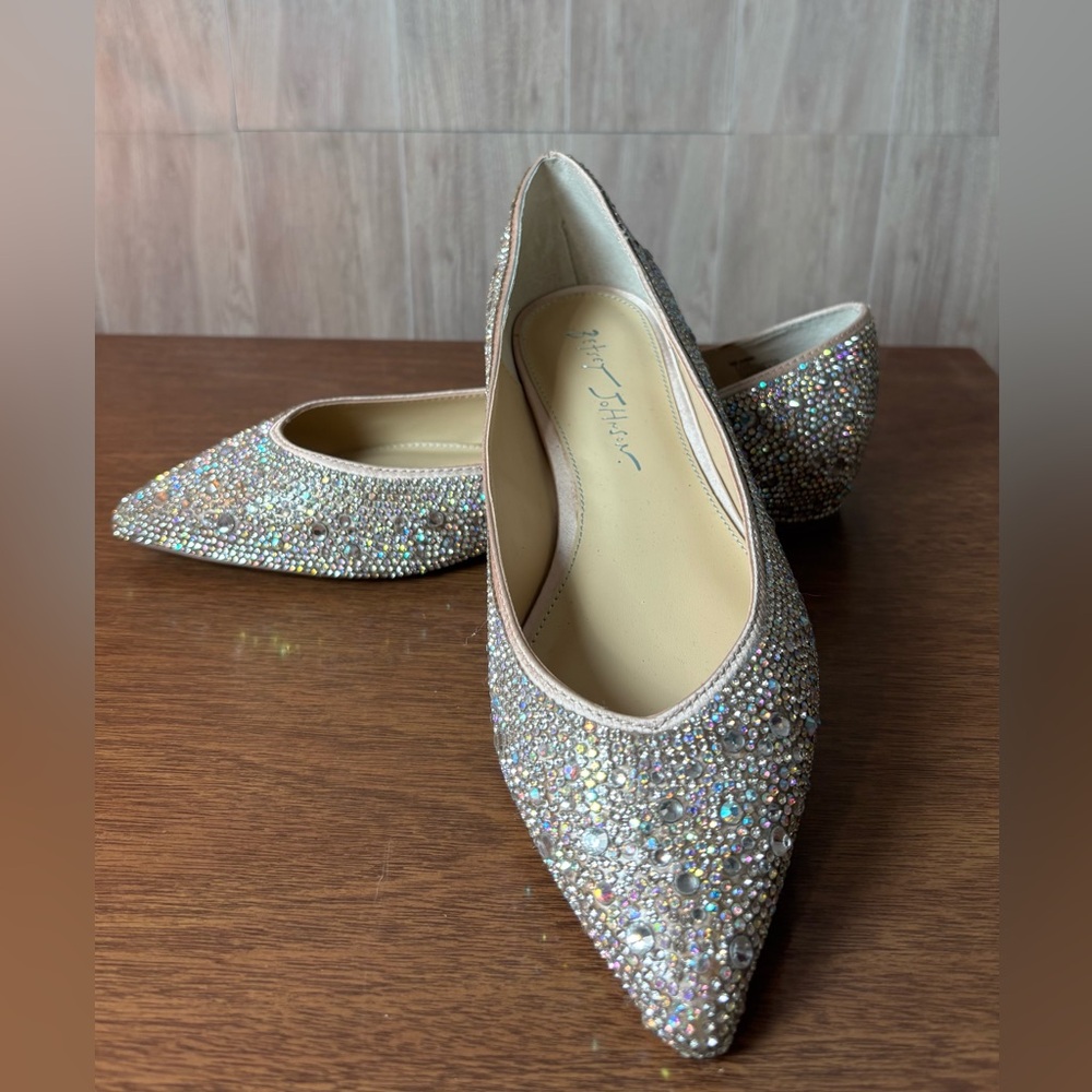 Betsey Johnson Iridescent Crystal-Embellished Pointed Toe Flats - Nude